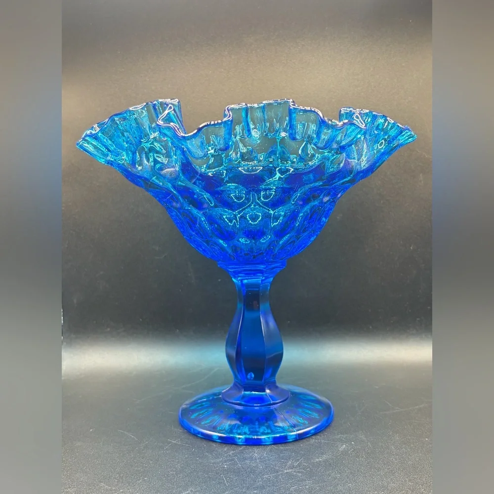 Vintage Fenton Blue Ruffle Thumbprint Glass Pedestal Candy Dish Compote Tazza